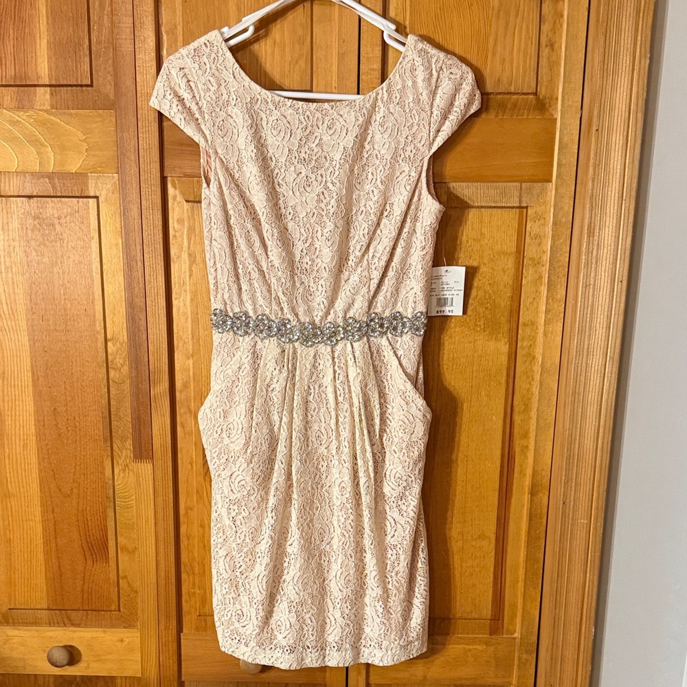 David's Bridal Cream Lace Mini Dress with Silver Detail